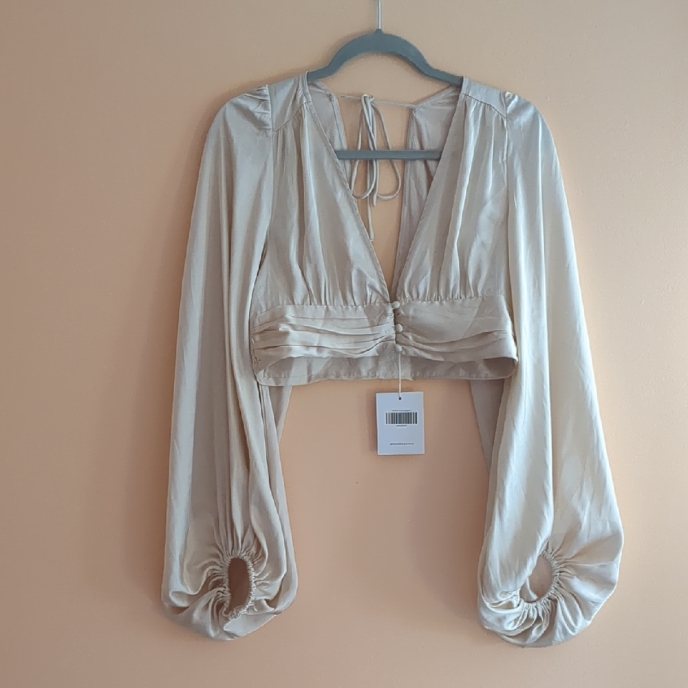 Cream Balloon Sleeve Open Back Blouse